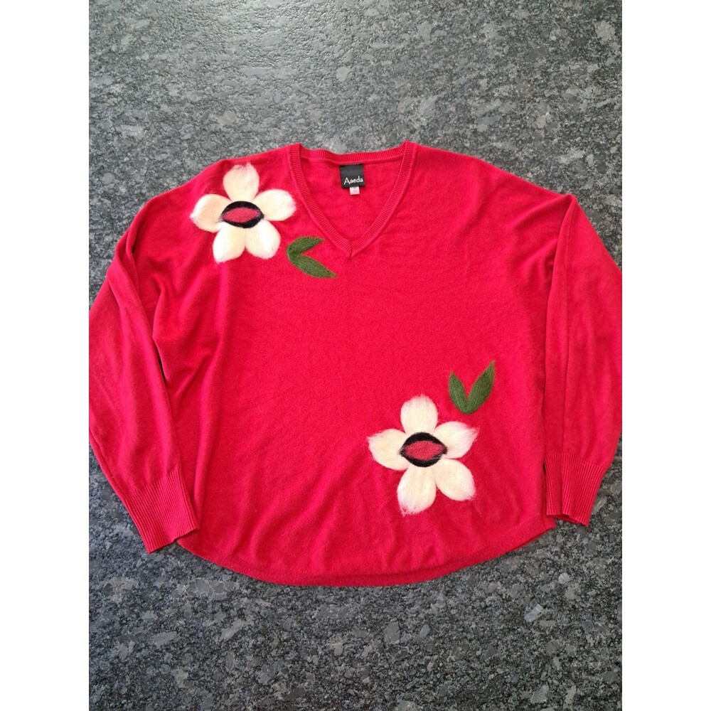 Aaeda Red Felted Floral Applique Sweater Women's Size Medium